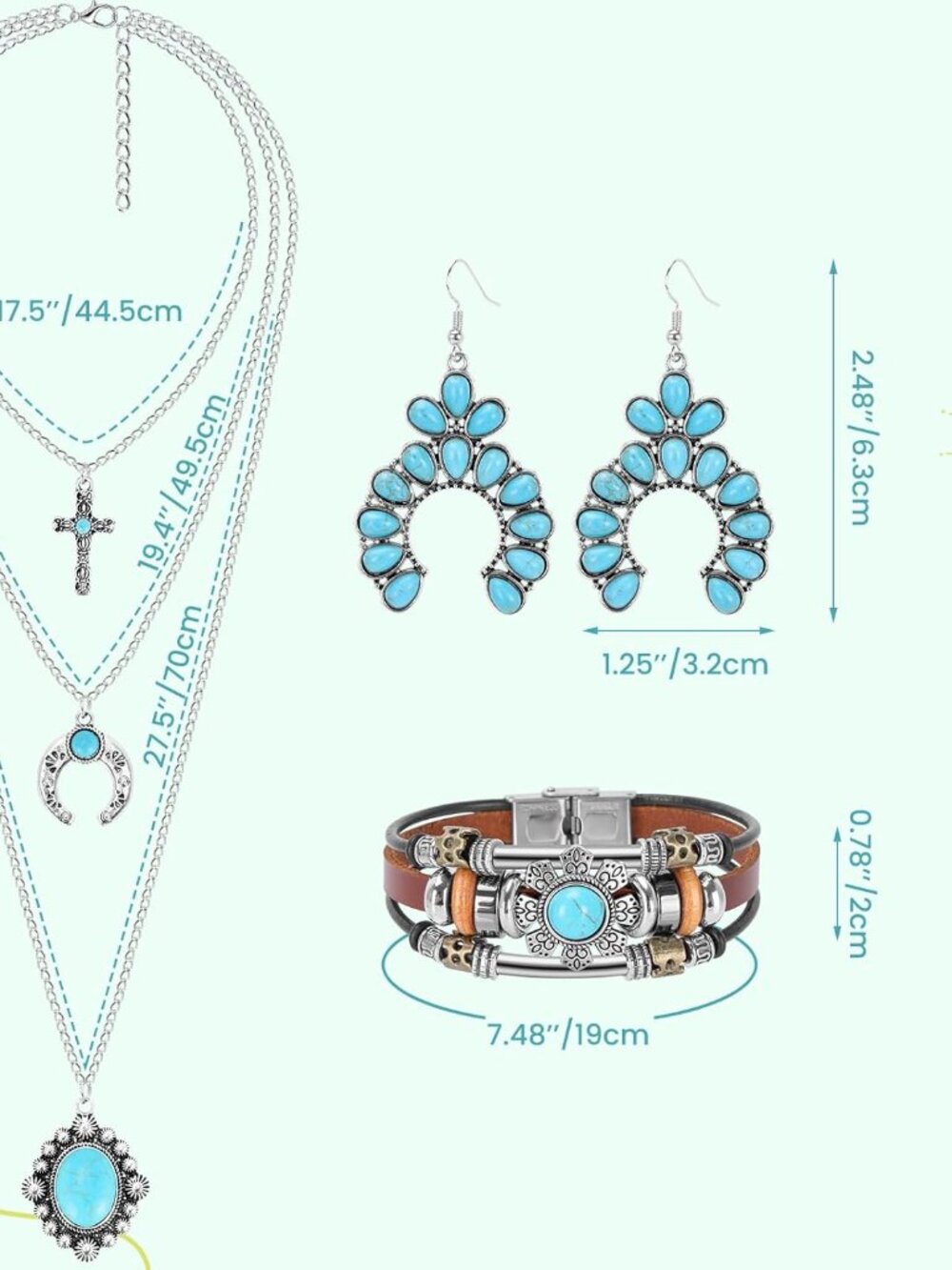 3 Pieces Turquoise Jewelry Set, Western Necklaces, Earrings and Bracelet For wom - Picture 2 of 5